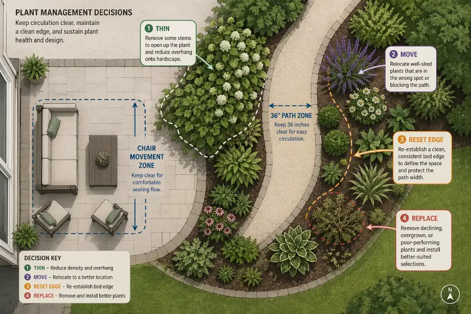 Diagram showing when to thin, move, reset the bed edge, or replace backyard plants crowding a path and patio