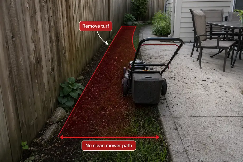 Narrow shaded side-yard grass with overlay showing a backyard strip too tight for efficient mowing