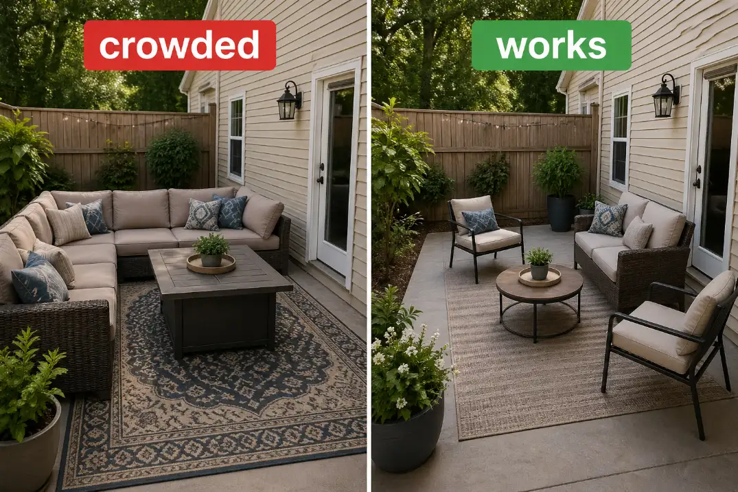 Before and after 10x10 patio layout replacing oversized furniture with compact seating and open walking space.