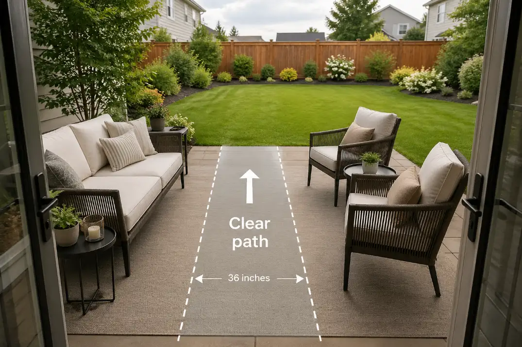 Well-scaled 12x12 patio lounge layout with compact seating and a clear 36-inch walking path marked.