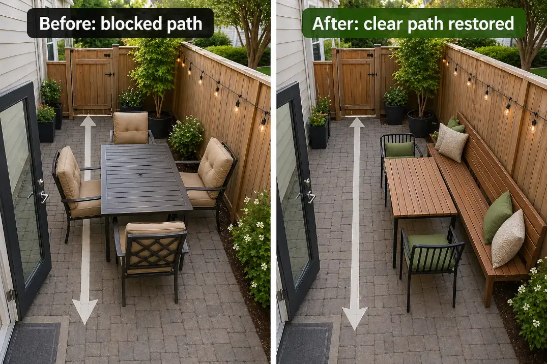 Before and after small patio layout replacing bulky chairs with a bench and two slim chairs to restore walkway space.