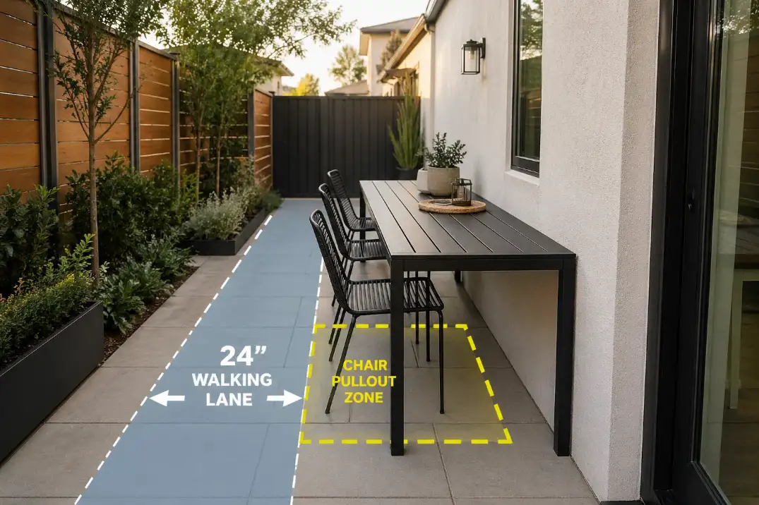 Small patio with rectangular table along wall showing clear walking lane and chair pullout space.
