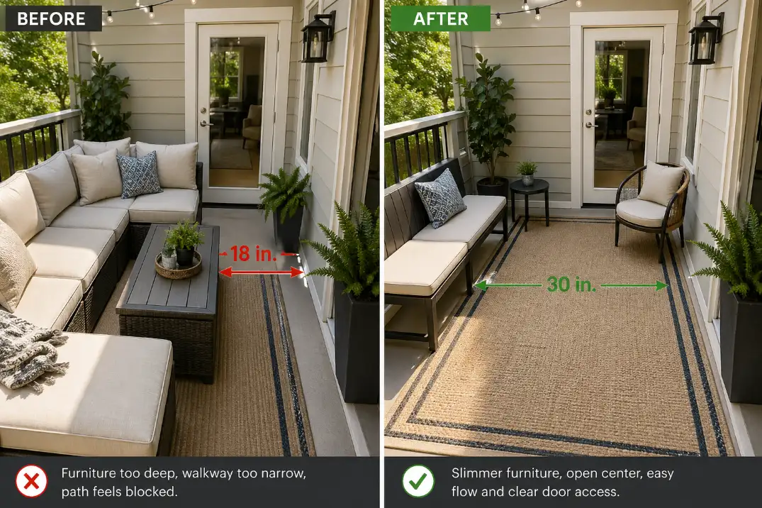 Before and after patio layout replacing deep seating with compact seating to improve walking space.