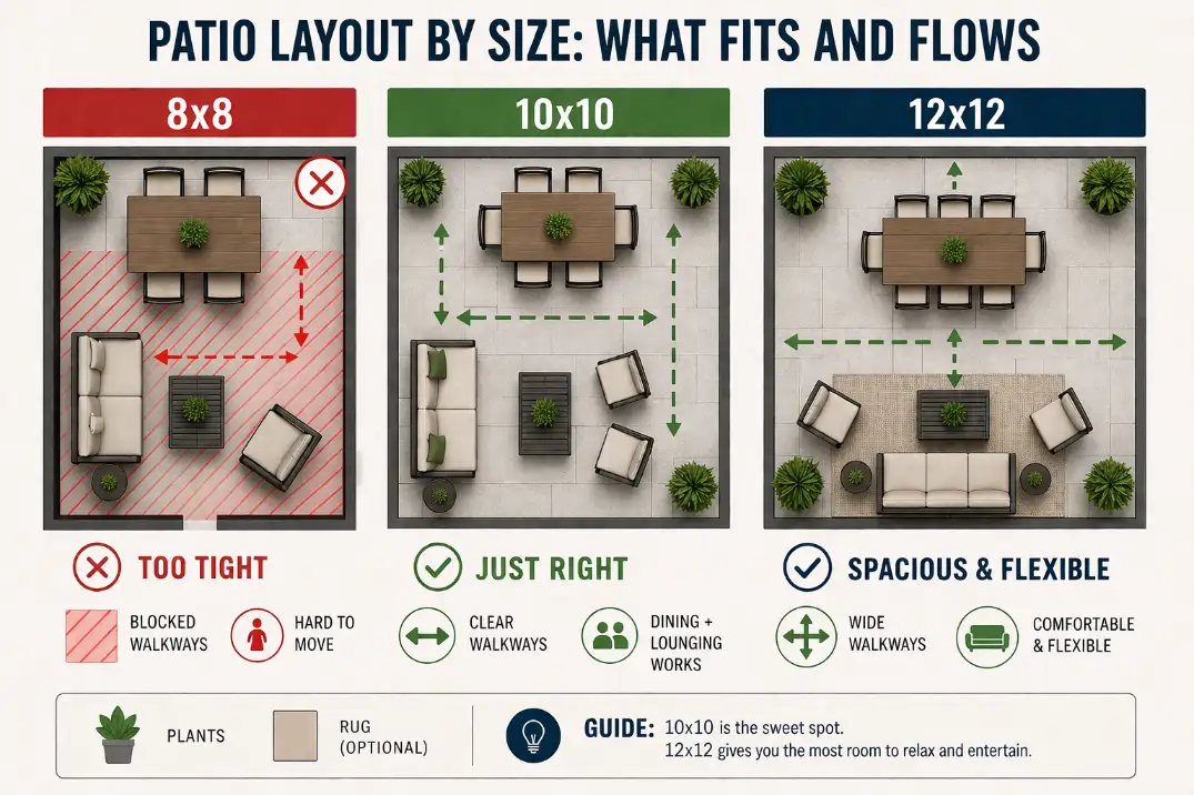 Three-panel patio layout diagram showing how 8x8, 10x10, and 12x12 patios handle dining and lounge seating differently.