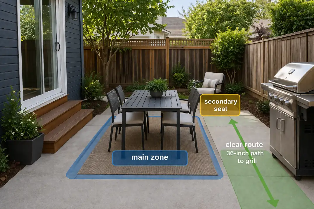 Small backyard patio with compact dining furniture, a clear grill route, and one secondary seating area.