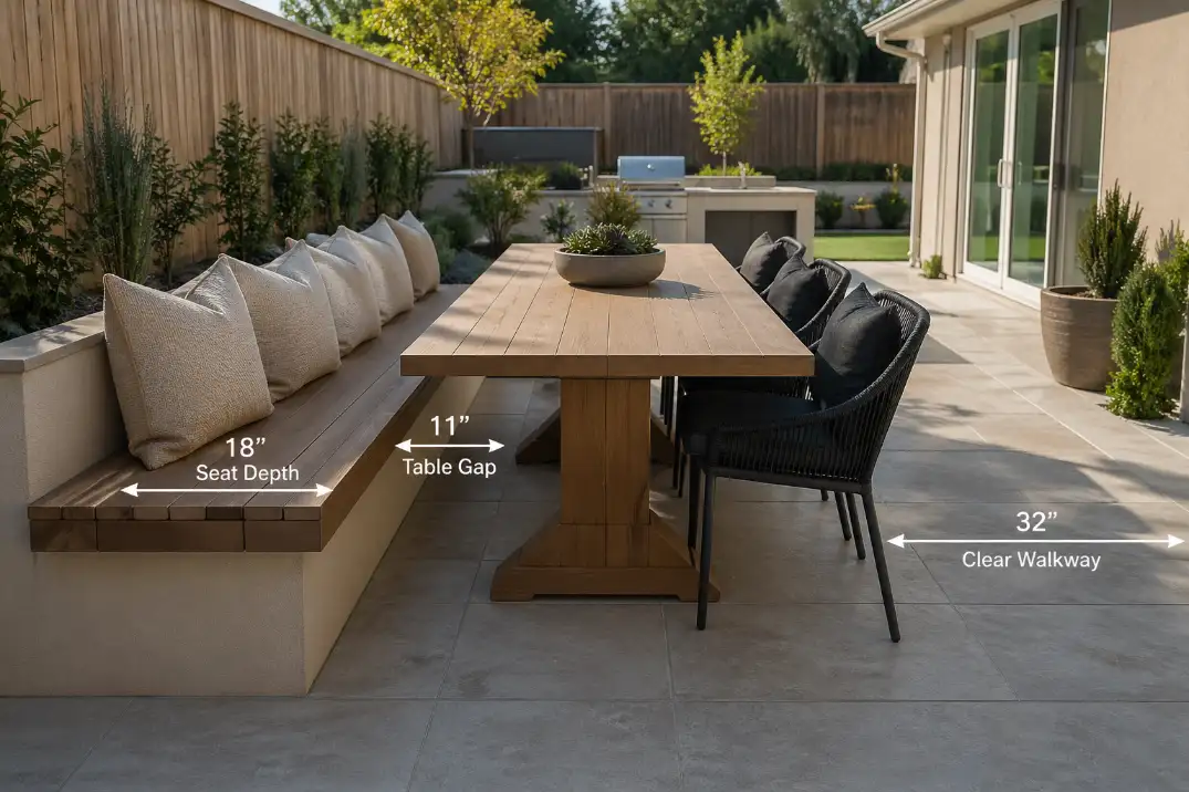 Built-in patio bench beside a dining table showing proper seat depth, table gap, and walkway clearance.