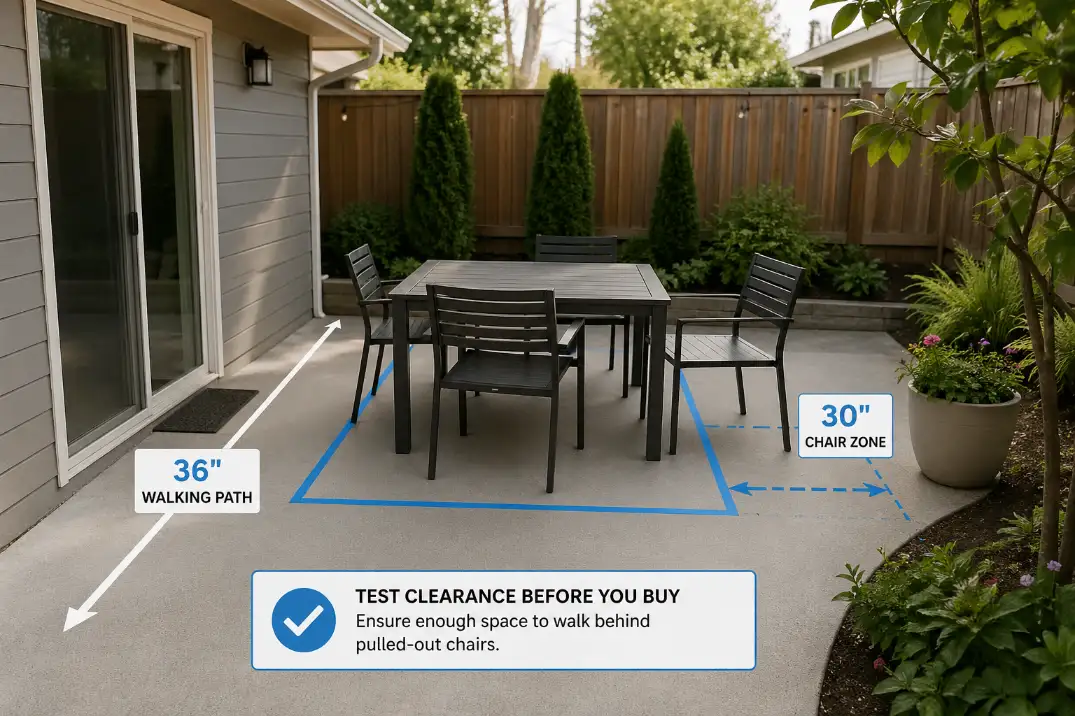 Small patio with taped dining table footprint and pulled-out chair showing how to test clearance before buying.