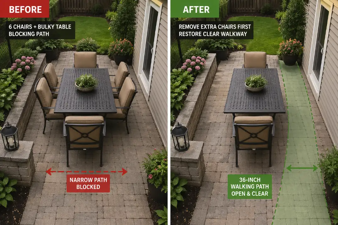 Before and after patio layout showing extra chairs removed to restore a clear 36-inch walking path