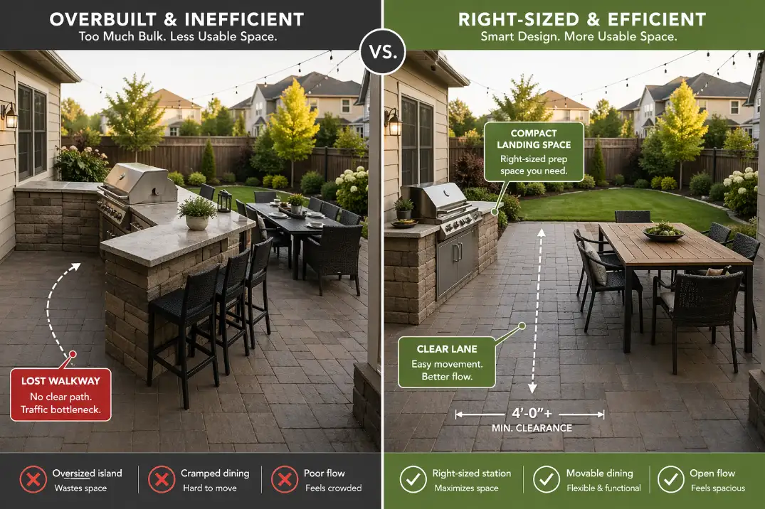 Comparison of an overbuilt outdoor kitchen crowding a patio versus a compact grill station that preserves open space
