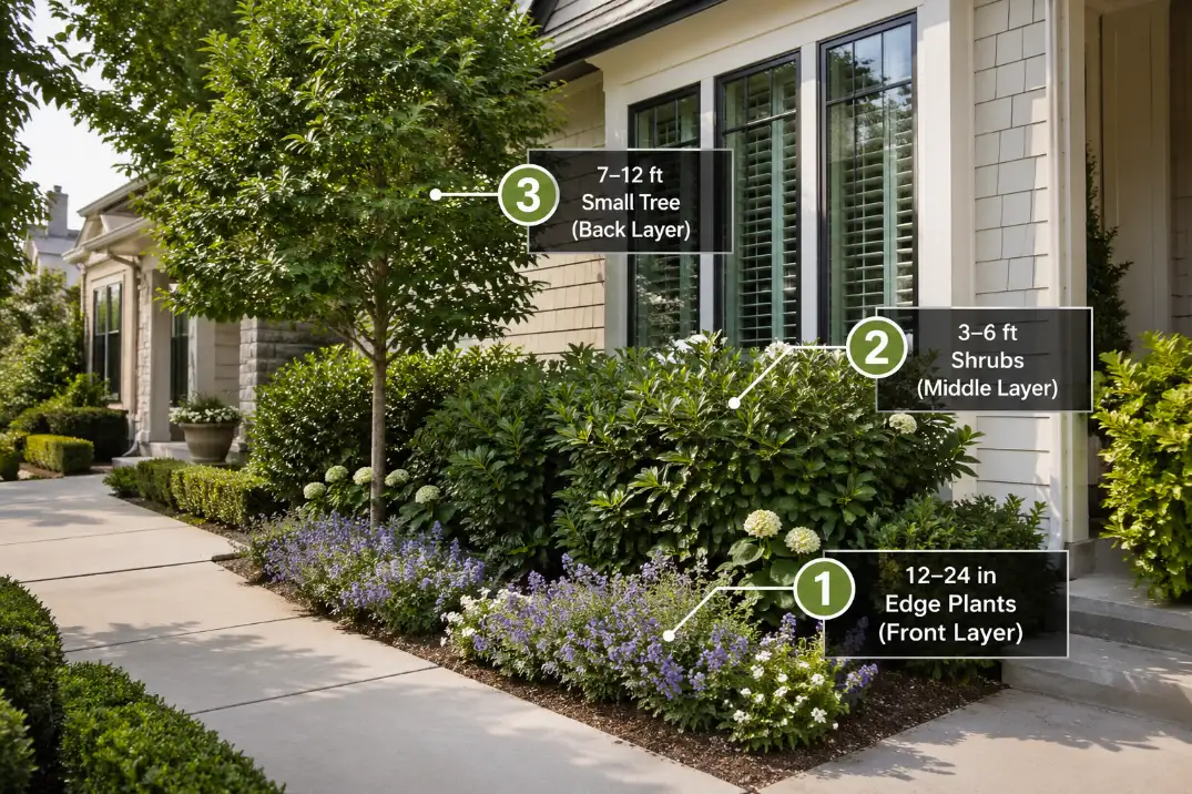 Three-layer front yard privacy planting with staggered low plants, mid-height shrubs, and a small tree screening a street-facing window.