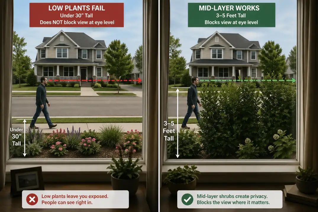Comparison showing low plants failing to provide privacy versus mid-height shrubs blocking street views from a front window.