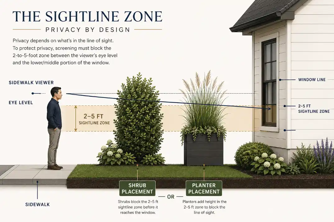 Side-view diagram showing the two to five foot sightline zone between a sidewalk viewer and front window