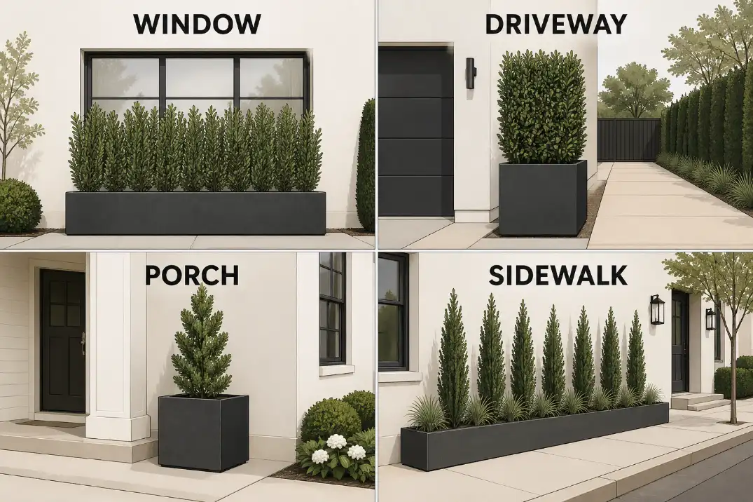 Diagram matching front yard privacy planter shapes to lower windows, driveway edges, porch corners, and narrow sidewalk frontage.