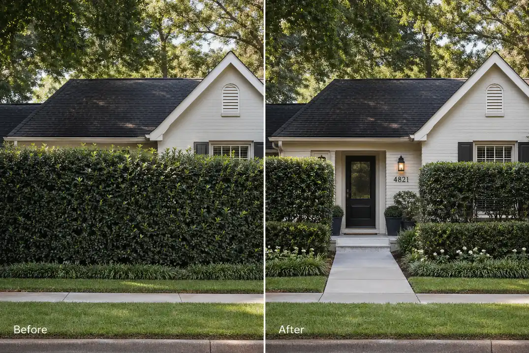 Before and after front yard hedge pruning showing a reopened walkway and front door while keeping window privacy.