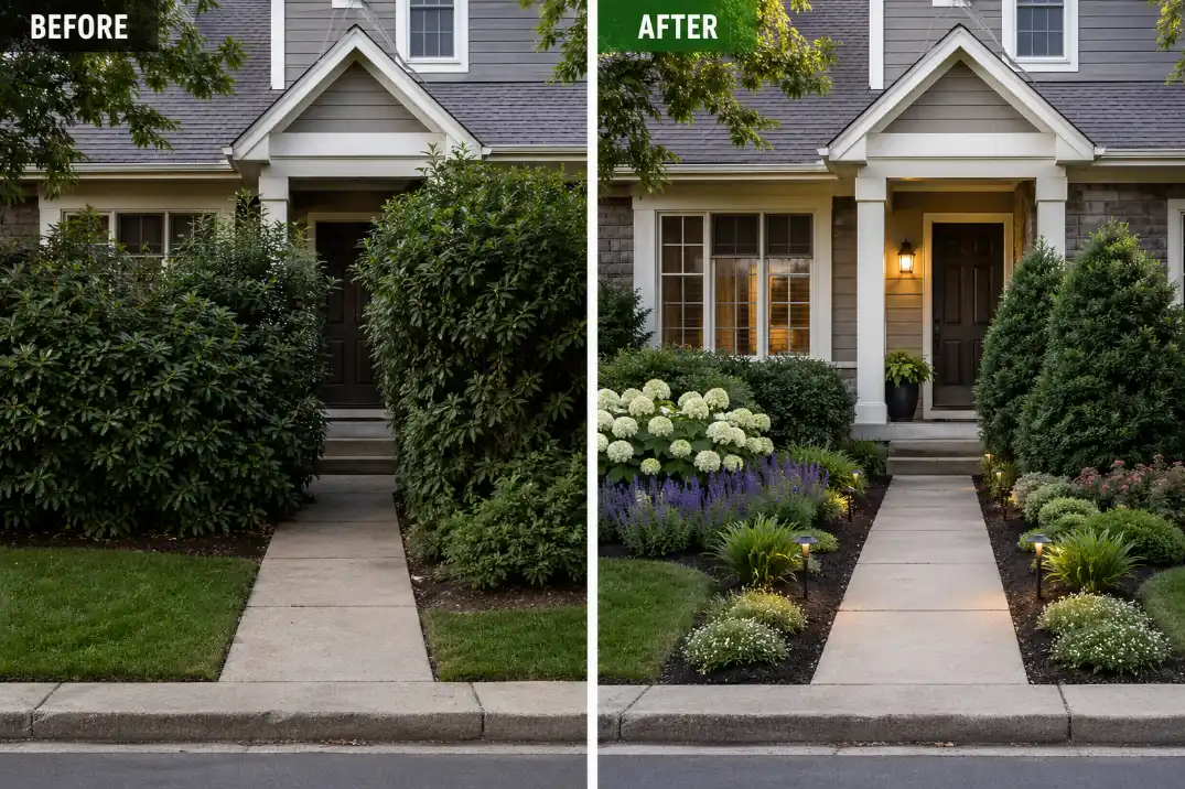 Before and after front yard privacy correction showing a clear walkway, visible house number, and softened window privacy