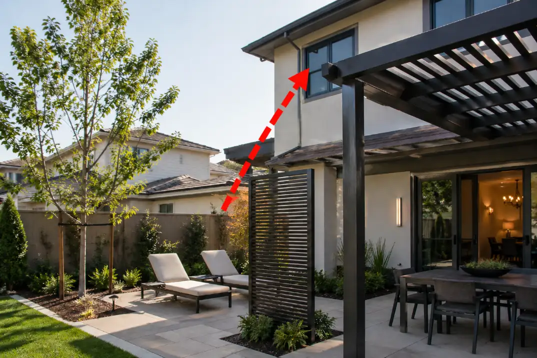 Backyard patio with a freestanding screen, pergola slats, and young canopy tree interrupting an upstairs sightline.