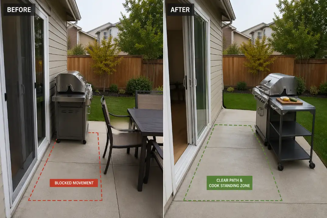 Before and after backyard grill layout showing a cramped grill path corrected with edge placement, landing space, and clear movement.