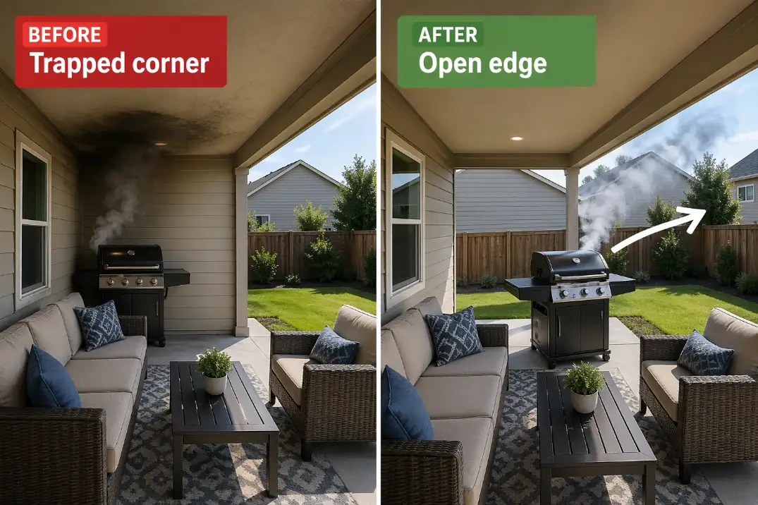 Before and after view of a grill moved from a smoky covered patio corner to an open patio edge where smoke can escape.