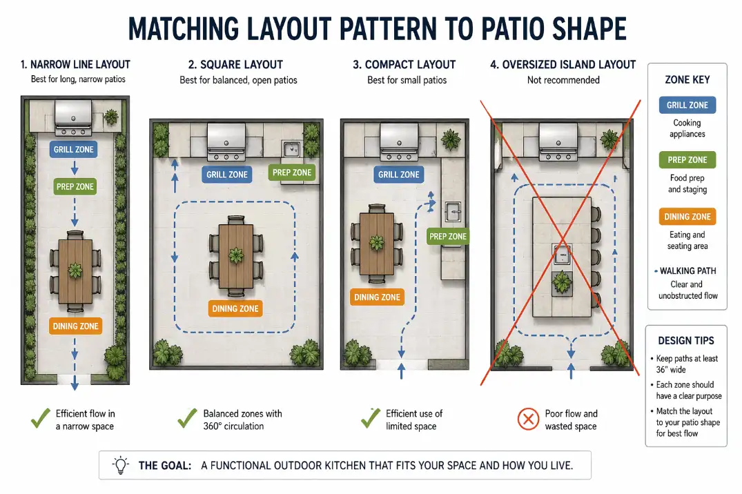 Top-down diagram showing grill prep and dining layout patterns for narrow square small and oversized island patio setups