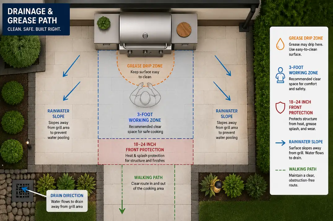 Top-down diagram showing grease zone, working clearance, and drainage direction around a backyard grill surface.