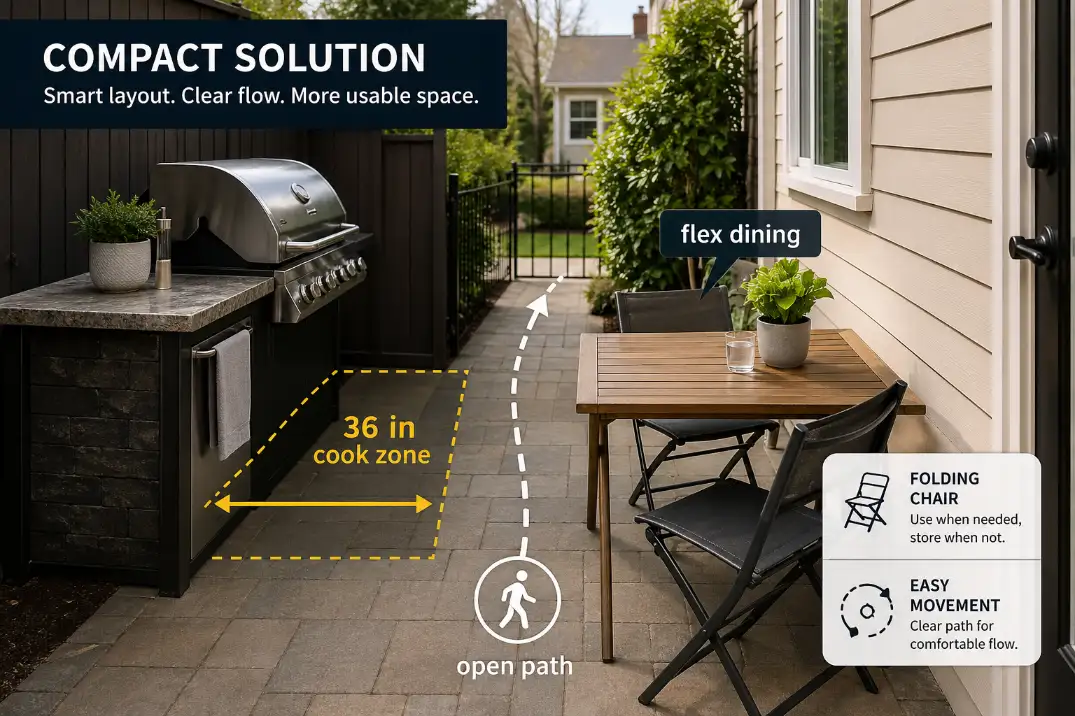Small patio with edge-placed grill and compact dining setup showing clear cooking and walking space
