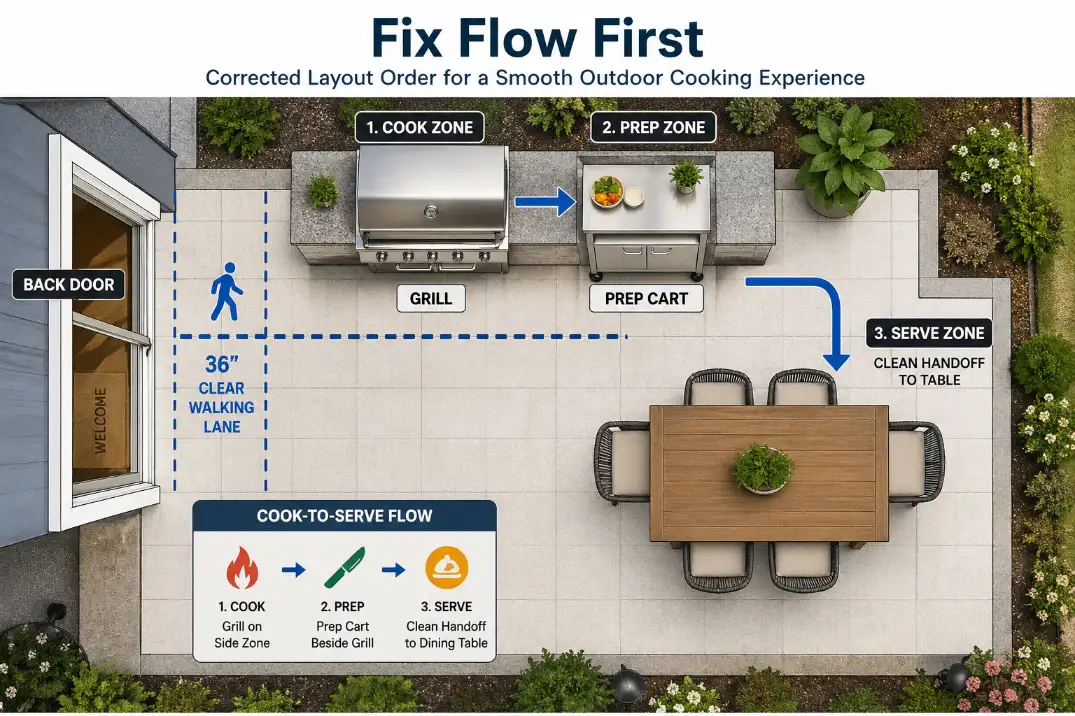 Outdoor cooking patio layout diagram showing grill, prep cart, serving handoff area, and clear 36-inch walking lane.