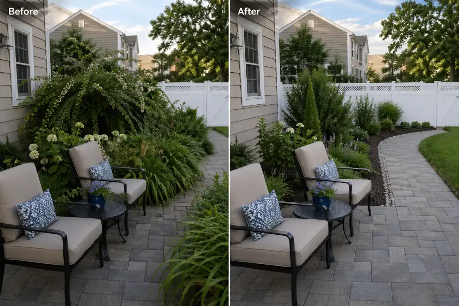 Before and after view of a backyard patio and path after replacing crowding plants and restoring clearance