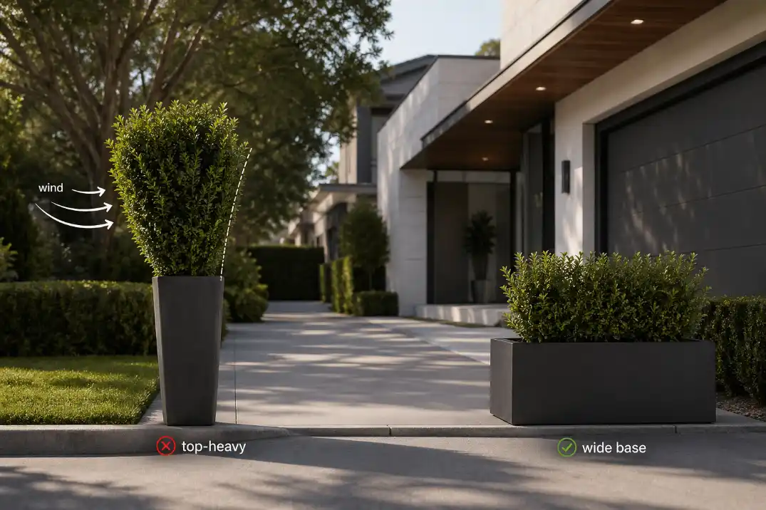 Front driveway privacy planters comparing a top-heavy narrow planter with a stable wide rectangular planter