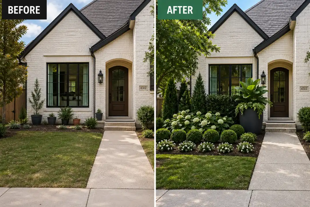 Before and after front yard privacy design using layered shrubs and one large planter while keeping the entry open