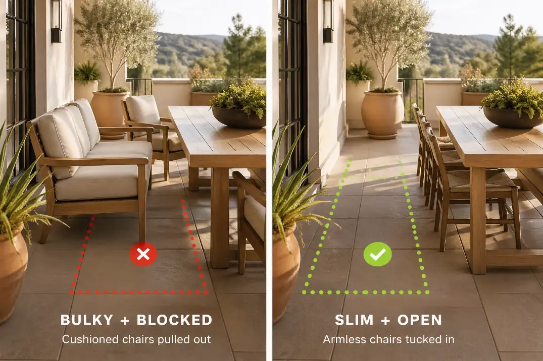 Comparison showing how bulky chairs block a patio walkway versus slim armless chairs that preserve space.
