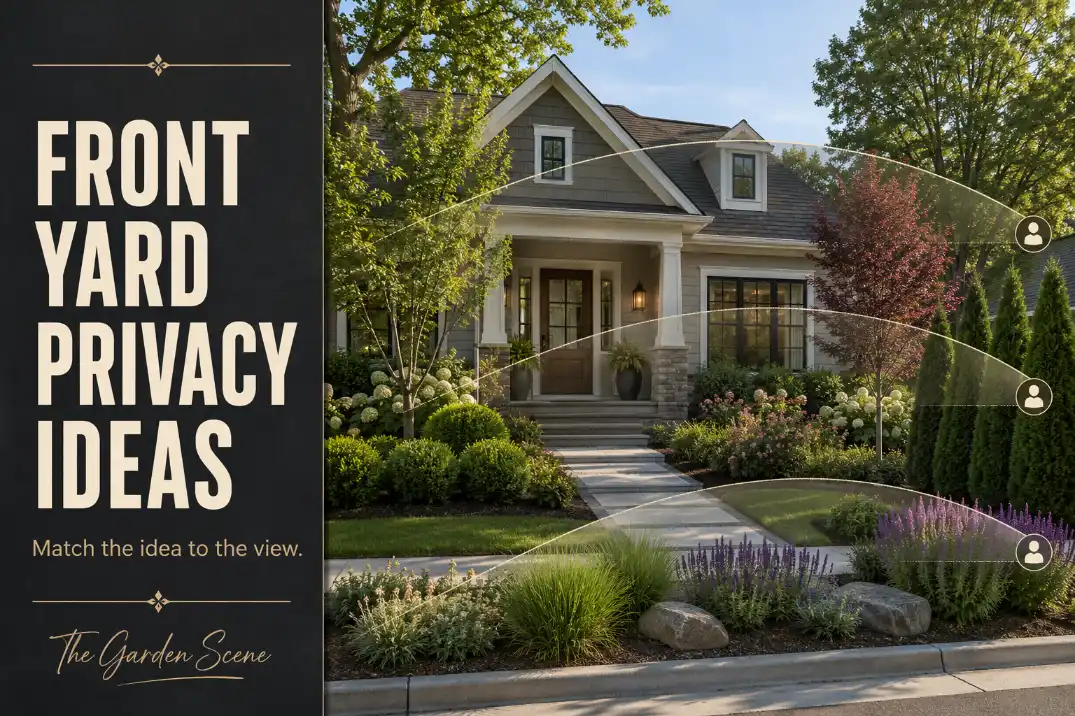Front yard privacy ideas with layered landscaping filtering window, porch, sidewalk, driveway, and street views while the entry stays visible.