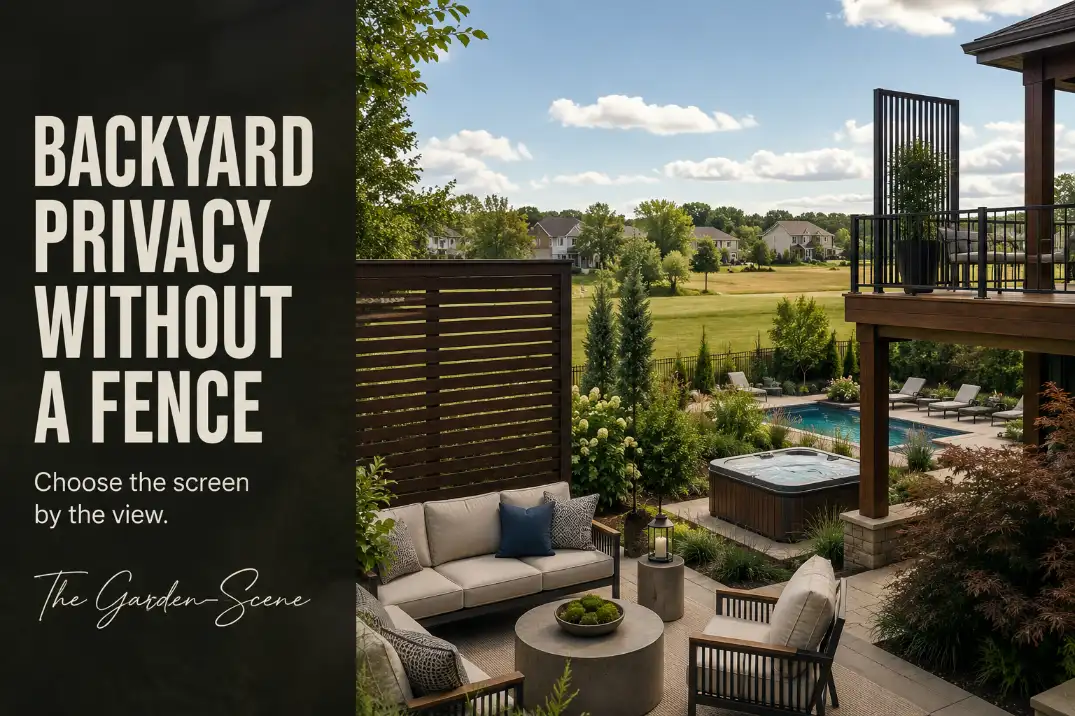 Backyard privacy framework showing patio, deck, pool, neighbor yard, and open lot exposure without a fence.