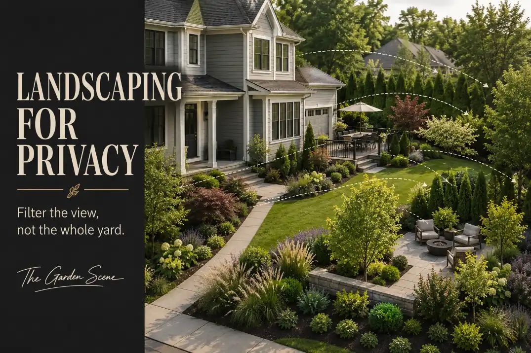 Yard-wide privacy landscaping plan showing front yard, patio, side yard, backyard, and deck views filtered by layered planting.