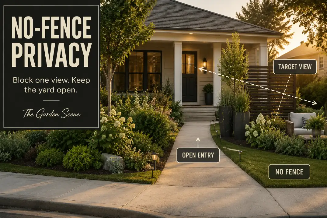 Front yard privacy without a fence using targeted shrubs, planters, and partial screening while the entry remains open.