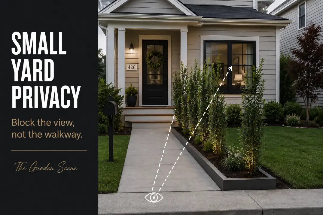 Small front yard privacy without a fence using a compact planter and slim planting bed while keeping the walkway and front door open.