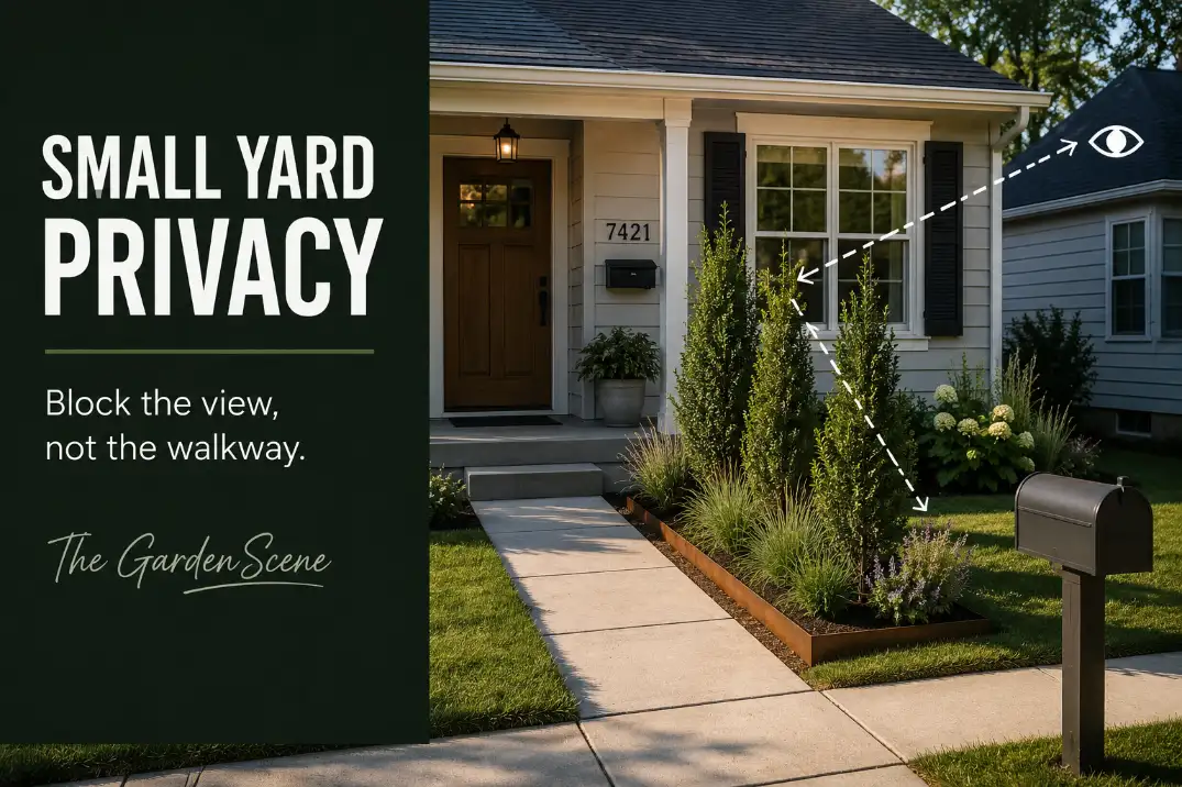 Small front yard privacy landscaping layout with an open walkway, visible entry, and a compact planting filter blocking a sidewalk-to-window view.