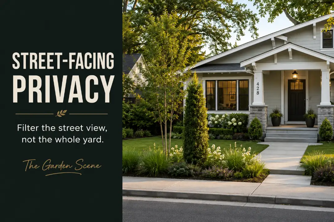 Street-facing front yard privacy landscaping with a targeted planting edge filtering sidewalk and car views while the entry stays visible.