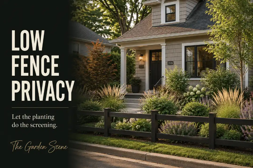 Low fence landscaping with layered shrubs filtering a front yard window while the entry and walkway stay visible.