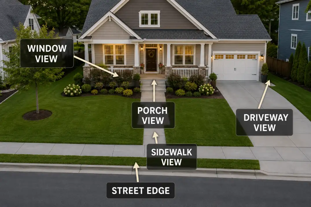 Diagram of a front yard showing window, porch, sidewalk, driveway, and street edge privacy exposure points.