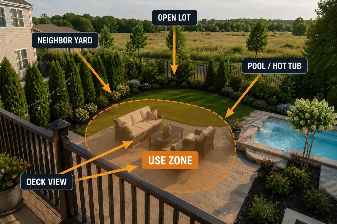 Backyard exposure map showing patio, deck, pool, neighbor yard, open lot, and the main use zone.
