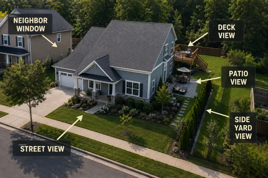 Diagram of a suburban yard showing street view, neighbor window view, patio view, deck view, and side yard exposure.