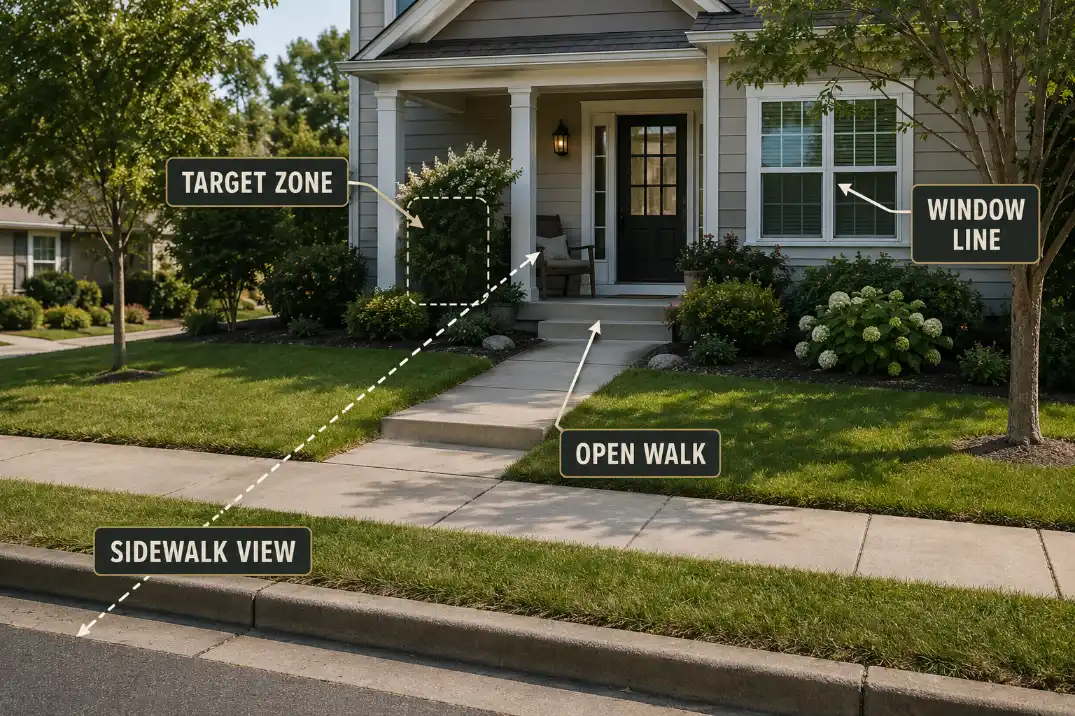 Front yard sightline test showing the sidewalk view, window line, target zone, and open walkway before choosing no-fence privacy.