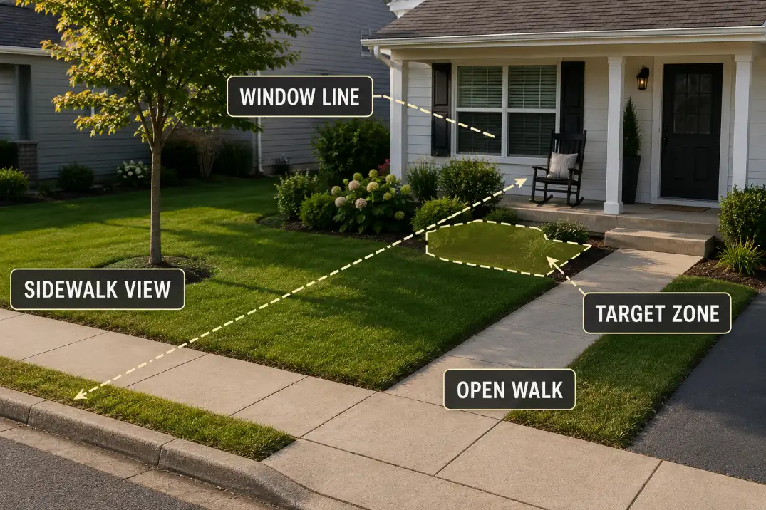 Small front yard sightline diagram showing sidewalk view, window line, target privacy zone, and open front walkway.