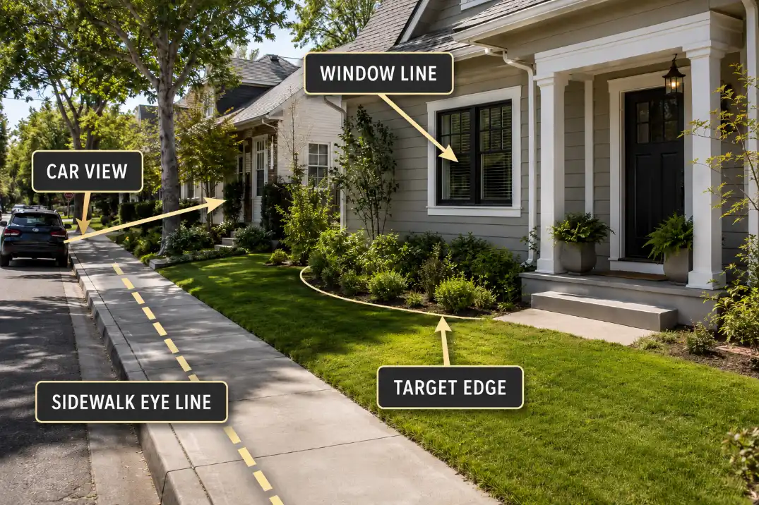 Street-facing front yard showing sidewalk eye line, car view, window line, and target planting edge for privacy landscaping.