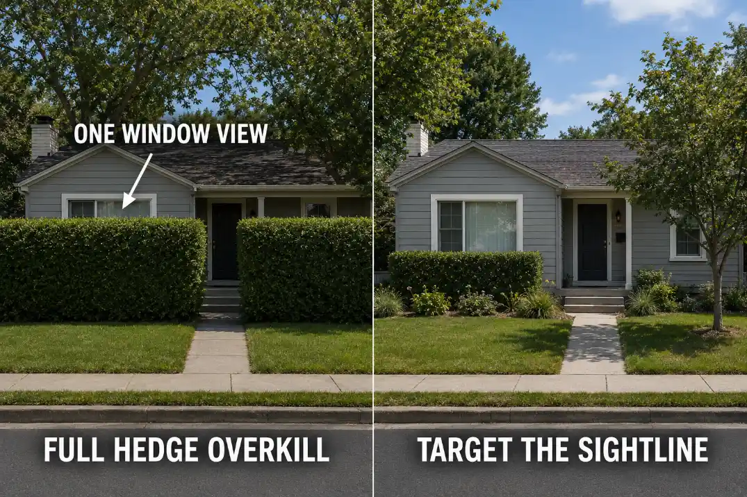 A front yard hedge over-solves one exposed window by screening too much of the frontage instead of targeting the sightline.