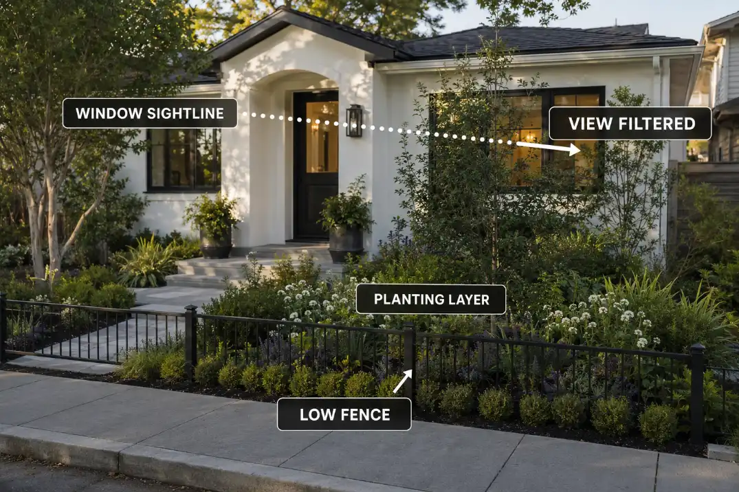 Diagram showing a low front yard fence and planting layer interrupting a sidewalk sightline toward a window.