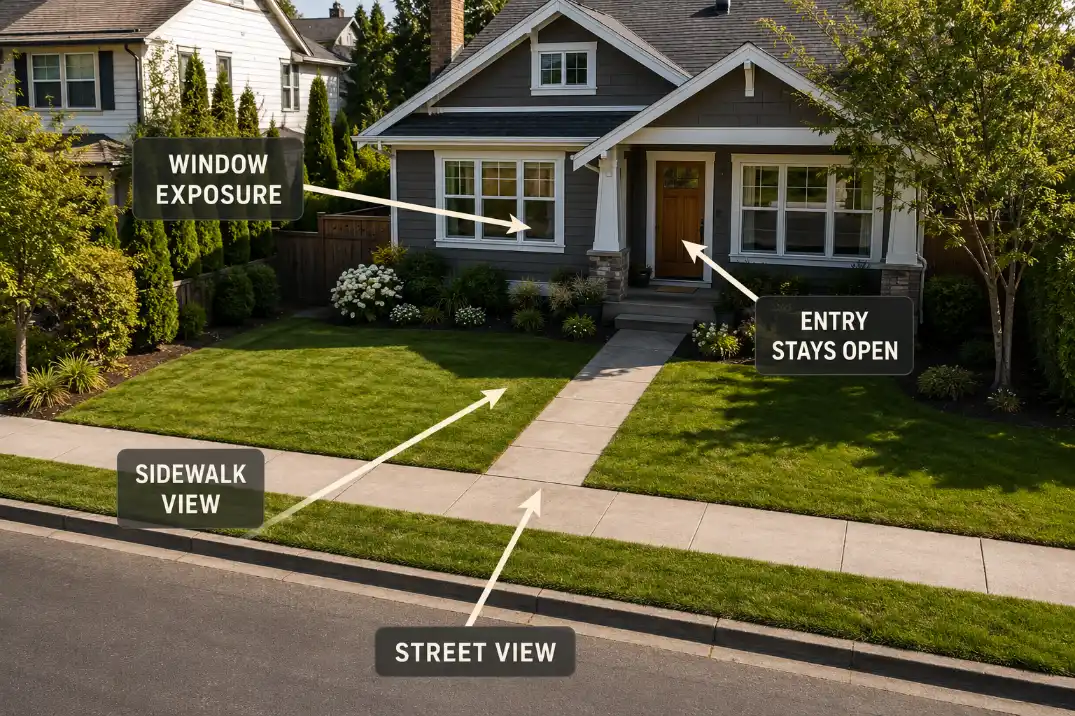 Front yard sightline diagram showing street view, sidewalk view, window exposure, and an entry that stays open.