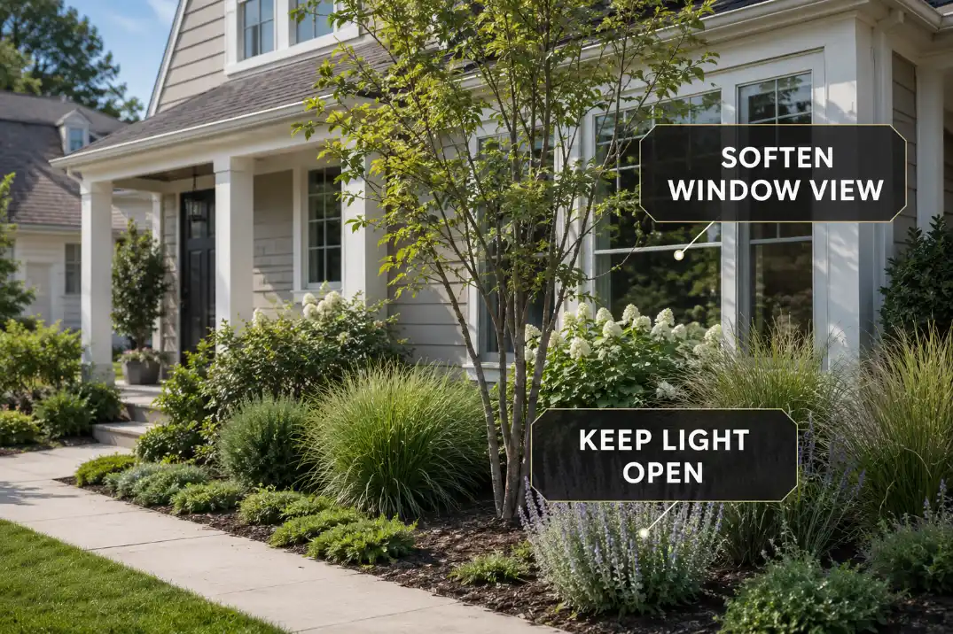 Layered front yard planting softens the view into front windows while keeping the windows bright and open.