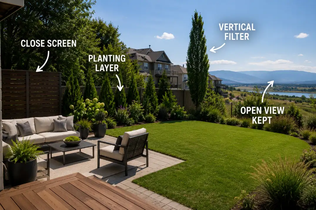 No-fence backyard privacy ideas matched to close screening, planting layers, vertical filters, and open views.