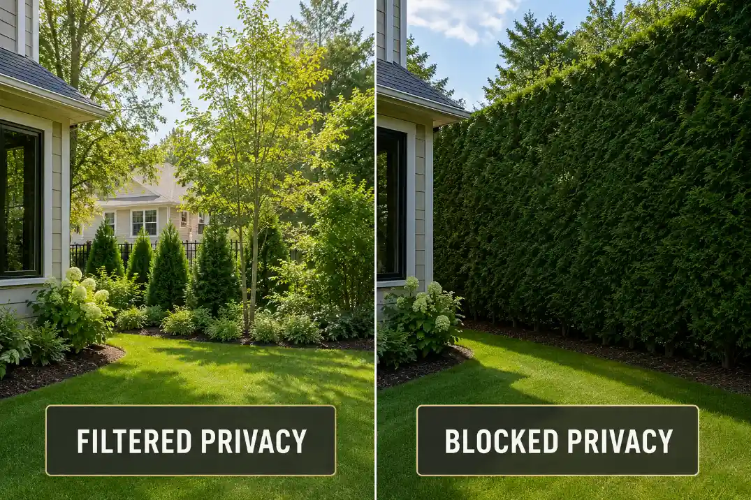Side-by-side comparison of filtered privacy landscaping and overblocked privacy landscaping in a suburban yard.
